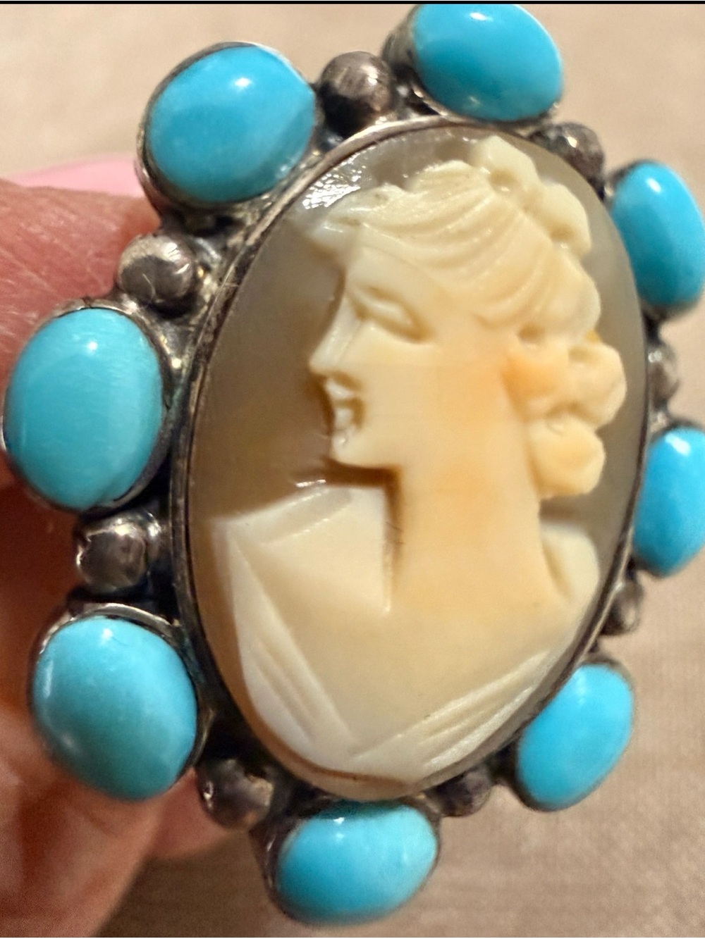 Vintage Cameo Sterling Silver and Turquoise Oval Statement Ring - Picture 2 of 6